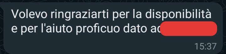 Messaggio WhatsApp di un genitore: «volevo ringraziarti per la disponibilità e per l'aiuto proficuo»